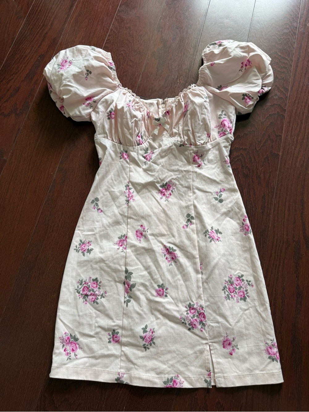 Altar'd State Cream Dress with Pink Floral Print and Puff Sleeves